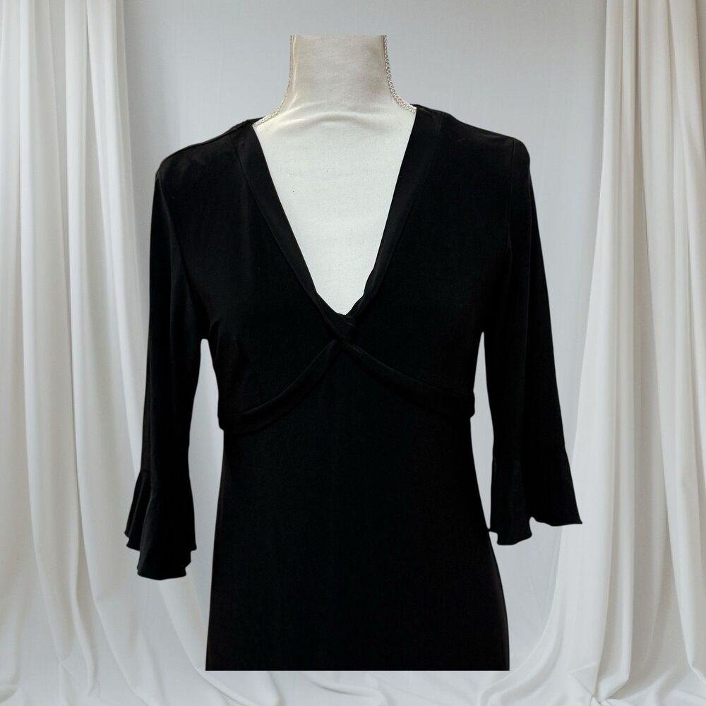 Jessica Howard Petite Vintage Black V-Neck Midi Dress 12P Bell Sleeve 90s - Picture 2 of 11